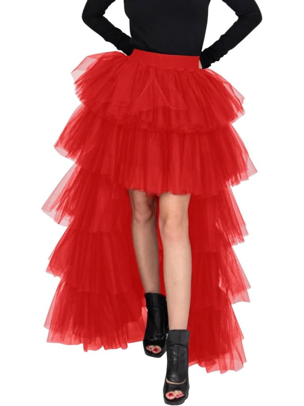 Women's Red High Low Tutu Tulle Sweet Elastic Waist Mesh Long Skirt